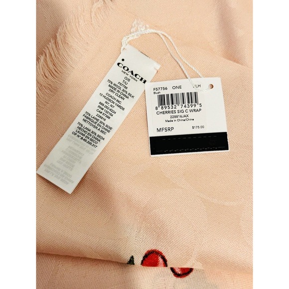 NWT Coach Women Signature Cherries Print Wrap Scarf Wool & Silk Blush Pink $175 - Picture 3 of 8